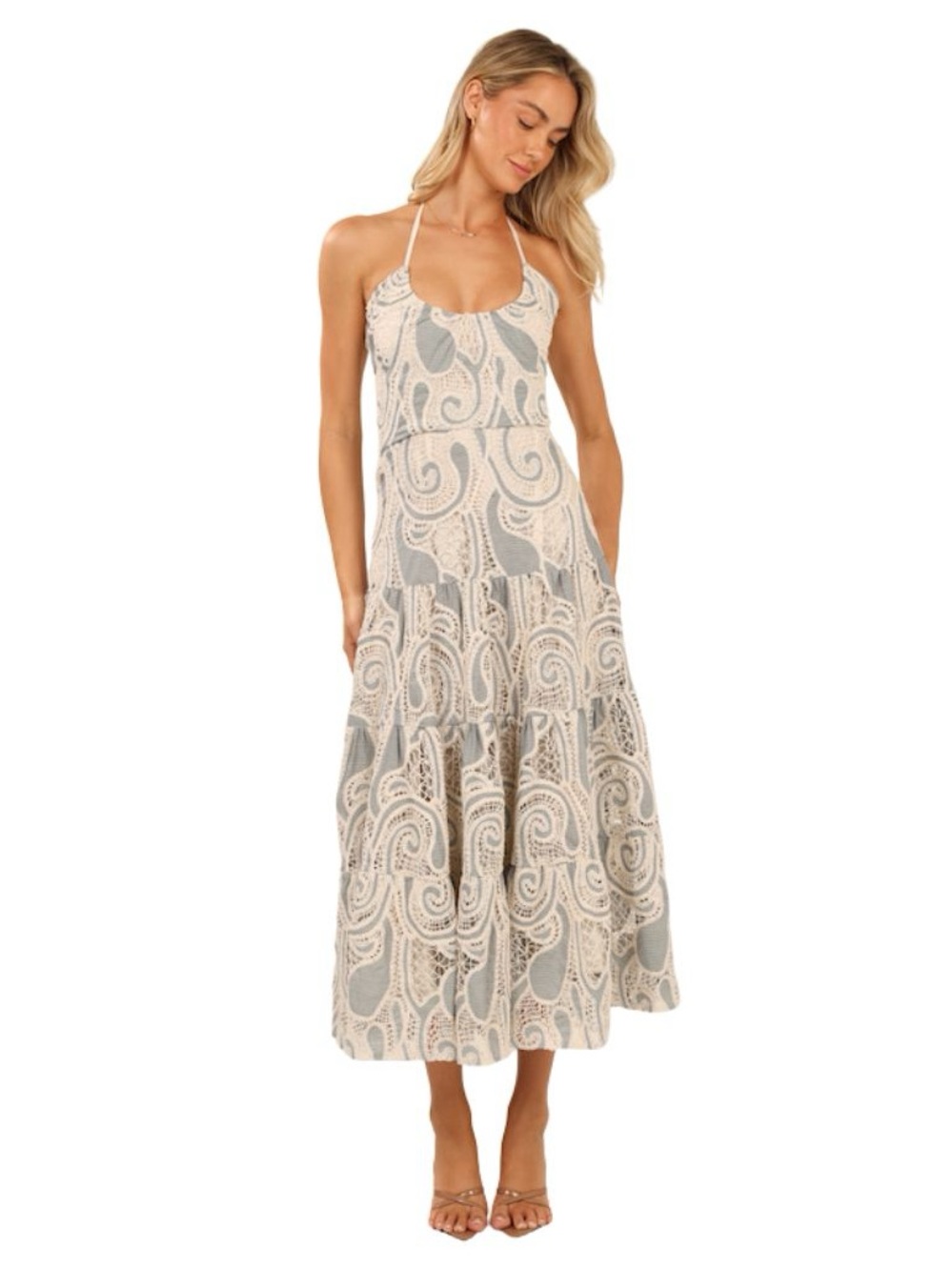BTB LOS ANGELES KENNEDY MAXI DRESS NAVY CREAM TIERED HALTER DRESS small